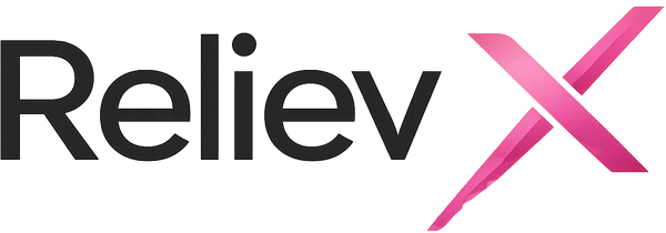 RelievX logo with black text and a pink 'X' on a white background